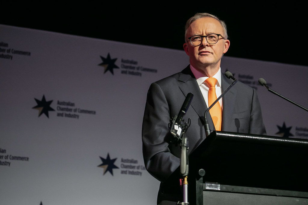 Prime Minister Anthony Albanese in front of a lectern